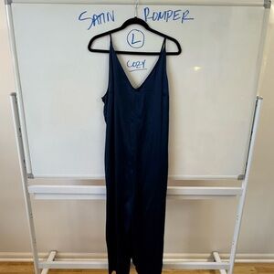 Satin V-Neck Slip Romper in Navy